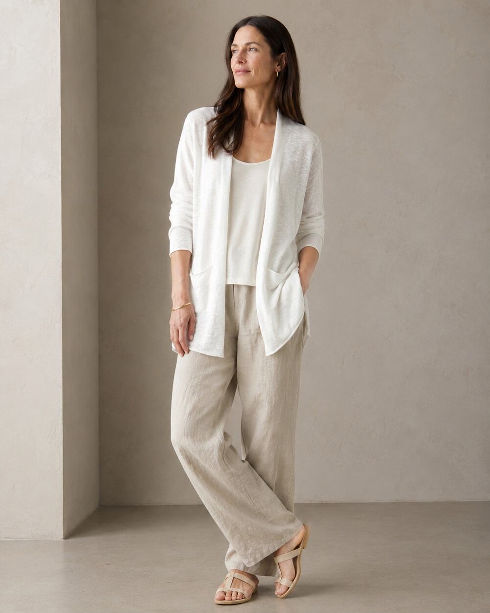 Eileen Fisher Linen Open Front Sweater S White Capsule Minimalist Coastal Prep